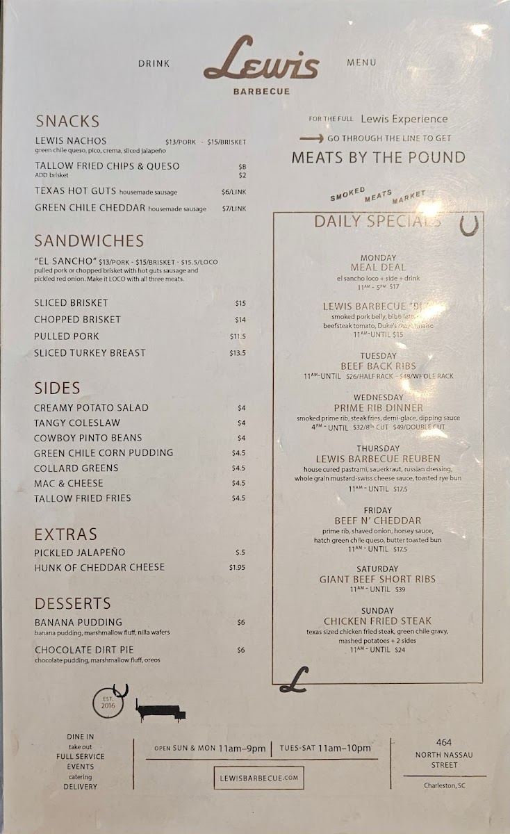 Lewis Barbecue Charleston Menu - Image 1